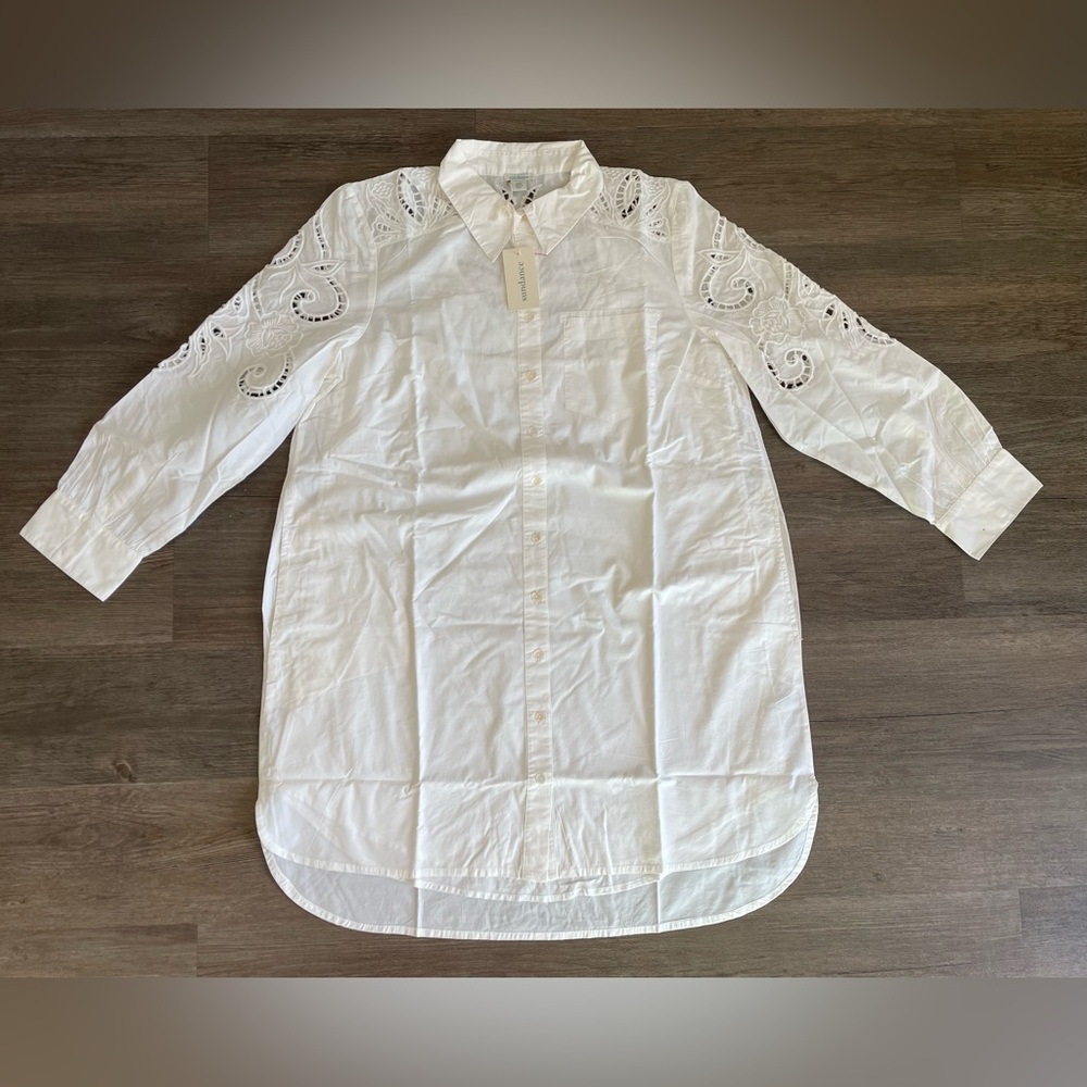 Sundance Sonda Shirt Dress Boho Western 100% Cotton Petite M Eyelet White NWT